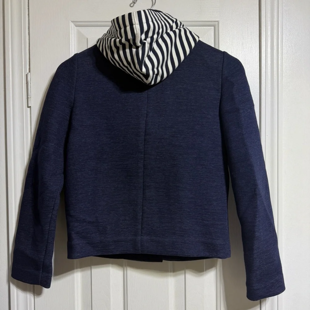 Tory Burch navy blue detachable striped hoodie jacket coat style# 11162501